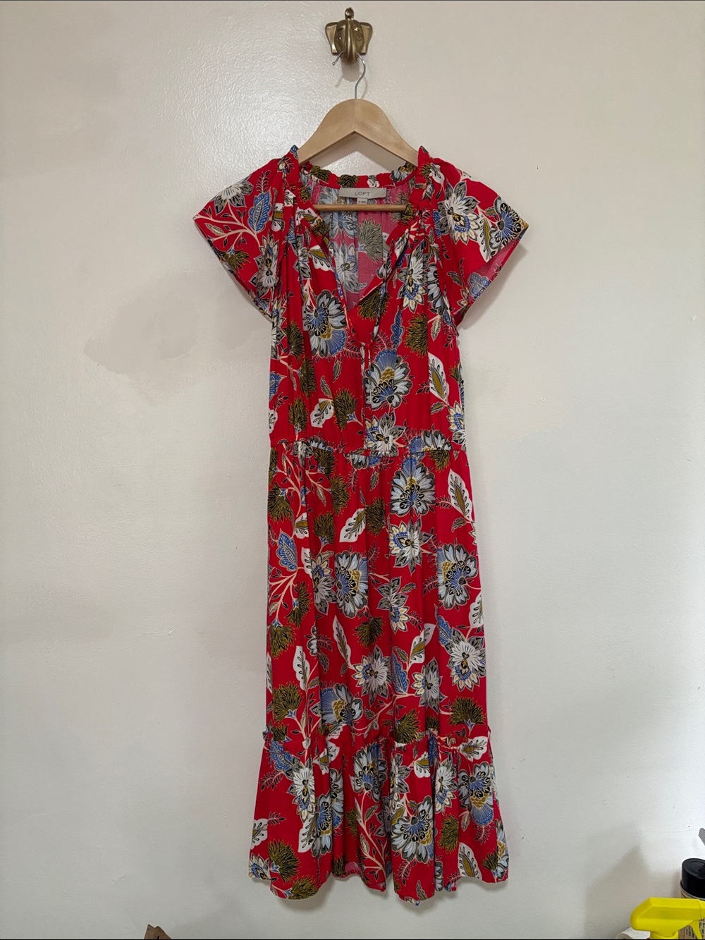 LOFT Red Floral Maxi Dress with Blue and Green Print XS